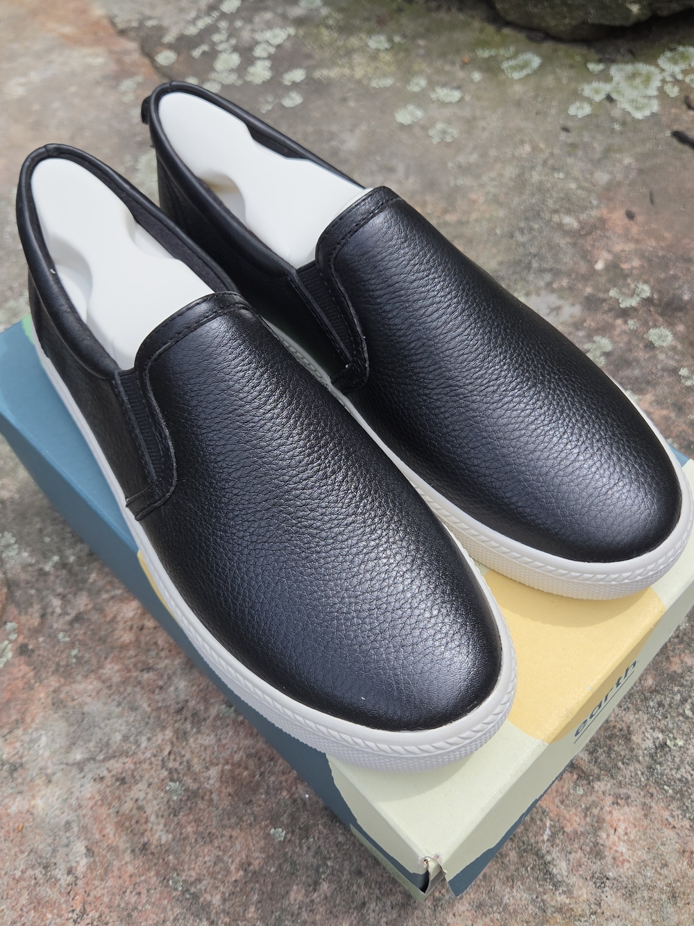 Earth Black Slip-On Leather Loafers with White Sole